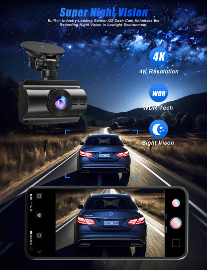 4K+1080P Dash Cam, Front and Rear Dash Camera for Cars 170°Wide Angle Dashboard Cameras, Super Night Vision, G-Sensor, Loop Recording