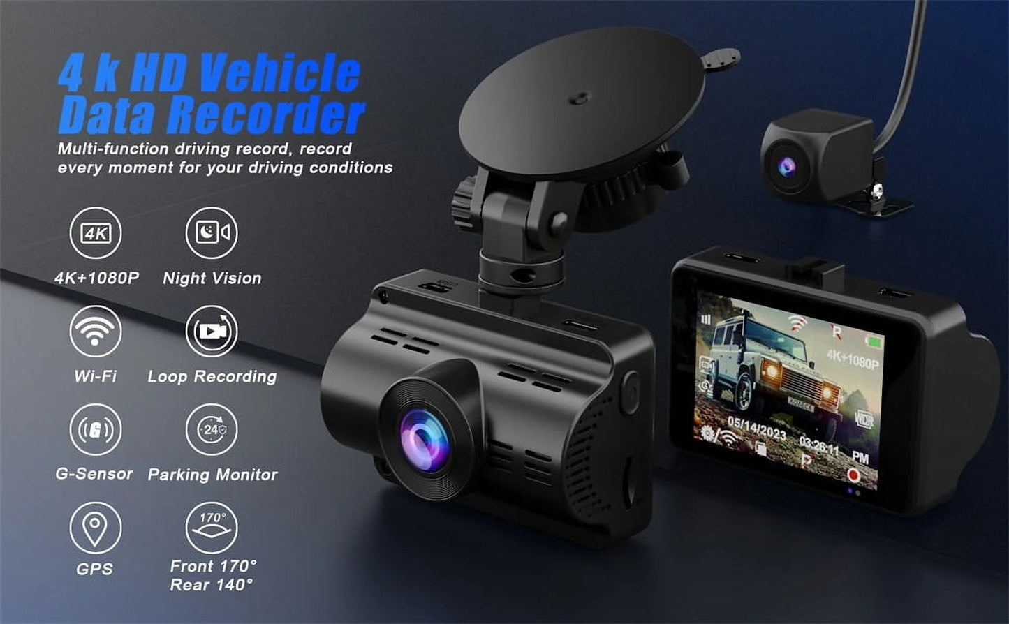 4K+1080P Dash Cam, Front and Rear Dash Camera for Cars 170°Wide Angle Dashboard Cameras, Super Night Vision, G-Sensor, Loop Recording
