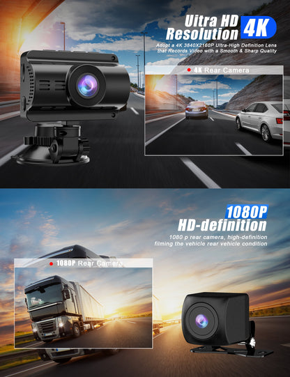 4K+1080P Dash Cam, Front and Rear Dash Camera for Cars 170°Wide Angle Dashboard Cameras, Super Night Vision, G-Sensor, Loop Recording
