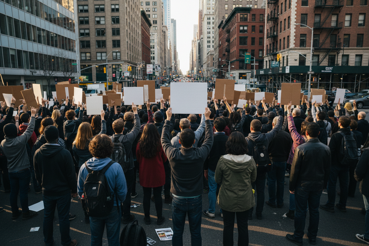 a diverse crowd of people standing together in a city to protest, some holding signs, taken from behind so no faces or words are shown
